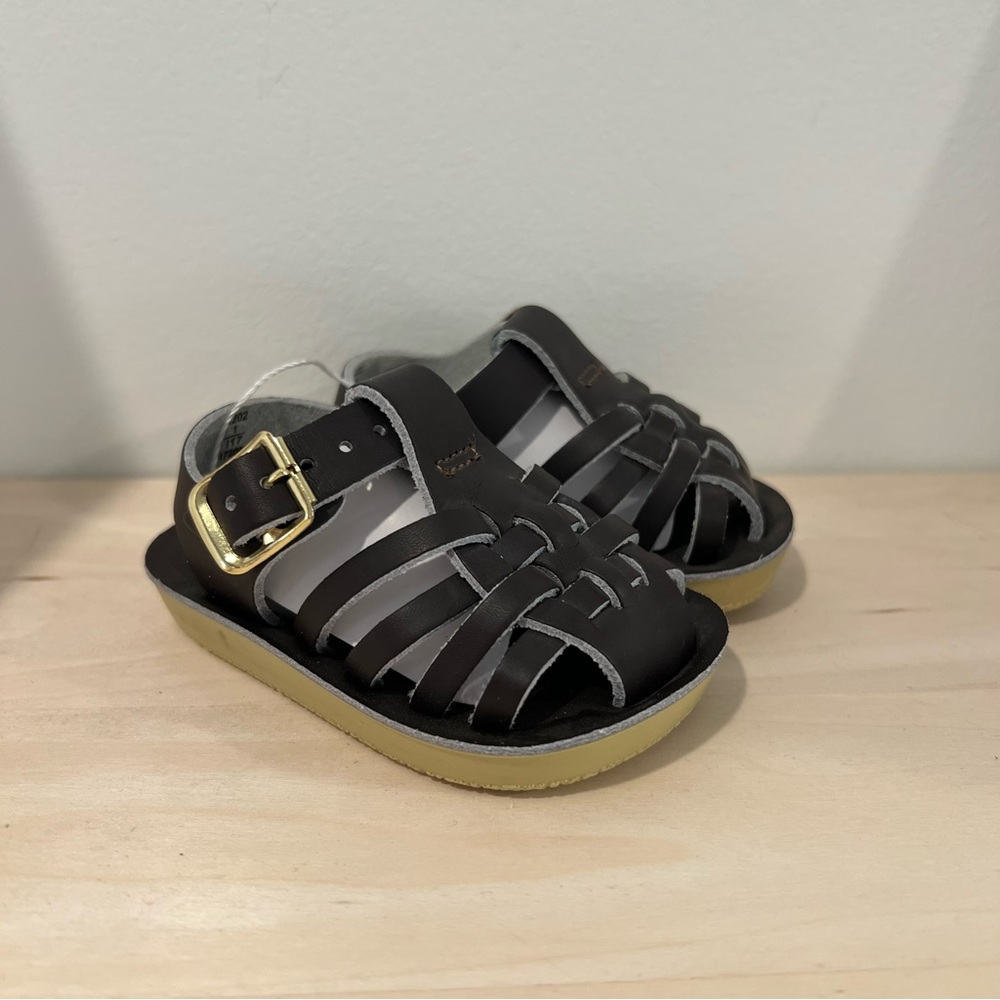 Saltwater NEW Dark Brown Leather Sailor Sandals with Gold Buckle Sizes 1
